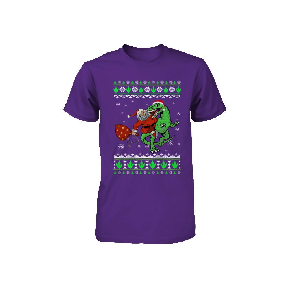 Santa Riding Dinosaur T-Rex Ugly Christmas Sweater Youth-Youth Shirt-