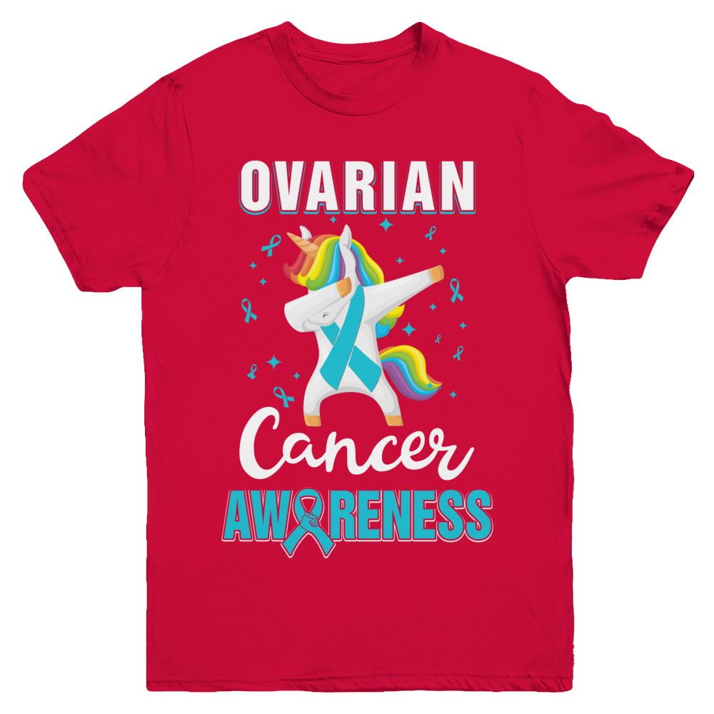 Inspirational Ovarian Cancer Awareness Unicorn Support Youth-Youth Shirt-Youth T-Shirt-Red