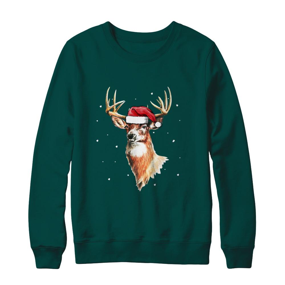 Christmas Pajama Deer With Santa Hat Hunting Hunter-T-Shirt & Sweatshirt-Crewneck Sweatshirt-Deep Forest
