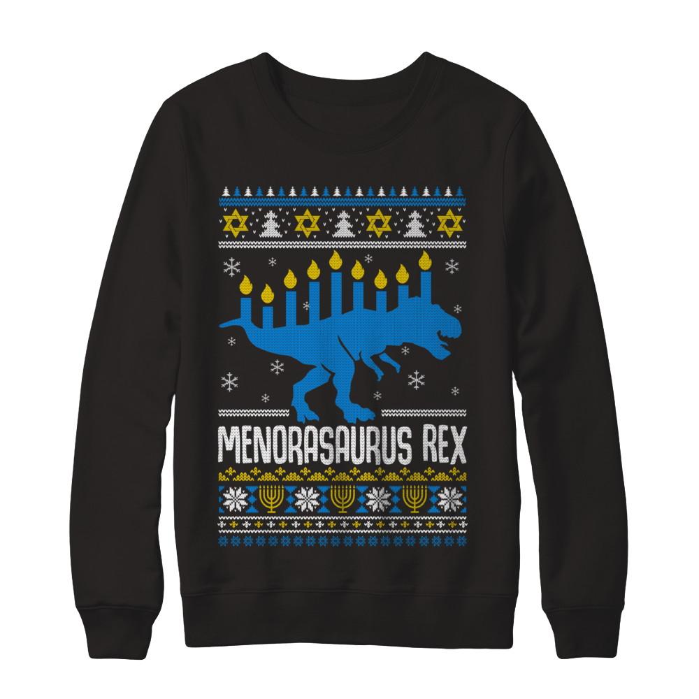 Funny Ugly Hanukkah Dinosaur T-Rex Menorasaurus Sweater-T-Shirt & Sweatshirt-Crewneck Sweatshirt-Black