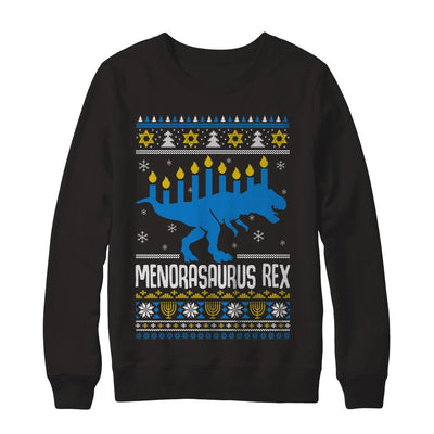 Funny Ugly Hanukkah Dinosaur T-Rex Menorasaurus Sweater-T-Shirt & Sweatshirt-Crewneck Sweatshirt-Black