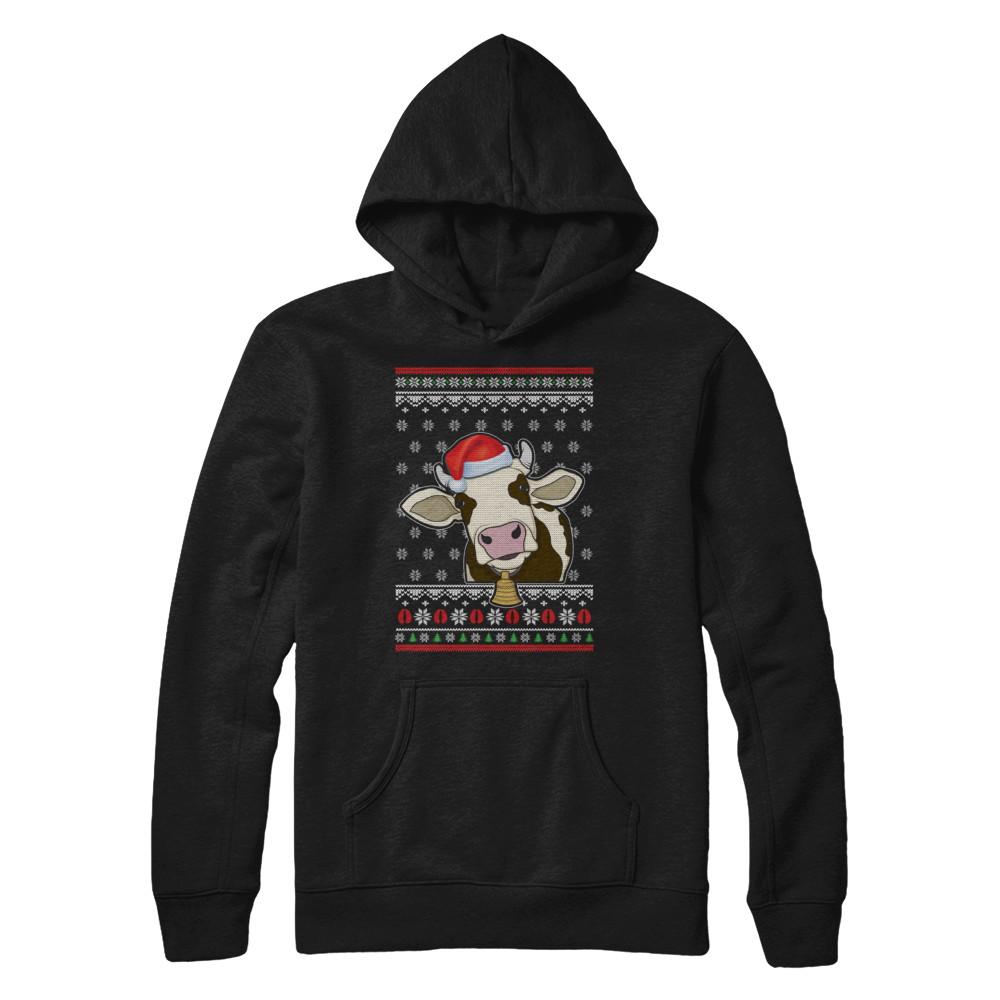Pajamas Cow With Santa Hat Ugly Christmas Sweater-T-Shirt & Sweatshirt-Pullover Hoodie-Black