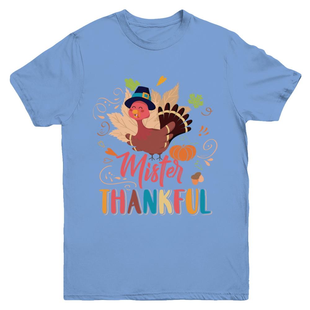 Cute Mister Thankful Turkey Thanksgiving Youth-Youth Shirt-Youth T-Shirt-Carolina Blue