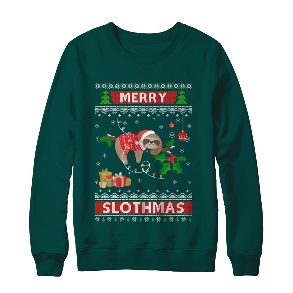 Merry Slothmas Funny Sloth Ugly Christmas Sweater-T-Shirt & Sweatshirt-Crewneck Sweatshirt-Deep Forest