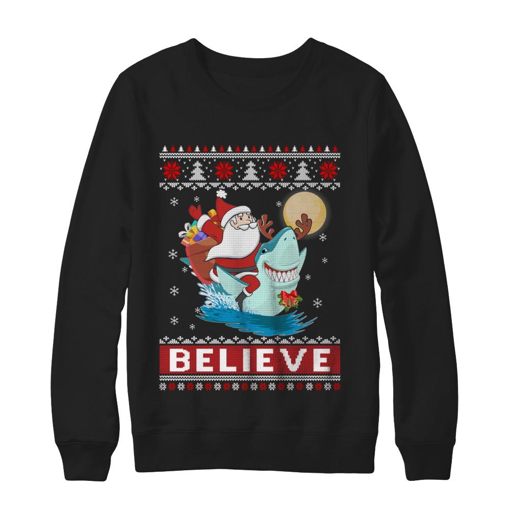 Believe In Santa Riding Shark Ugly Christmas Sweater-T-Shirt & Sweatshirt-Crewneck Sweatshirt-Black
