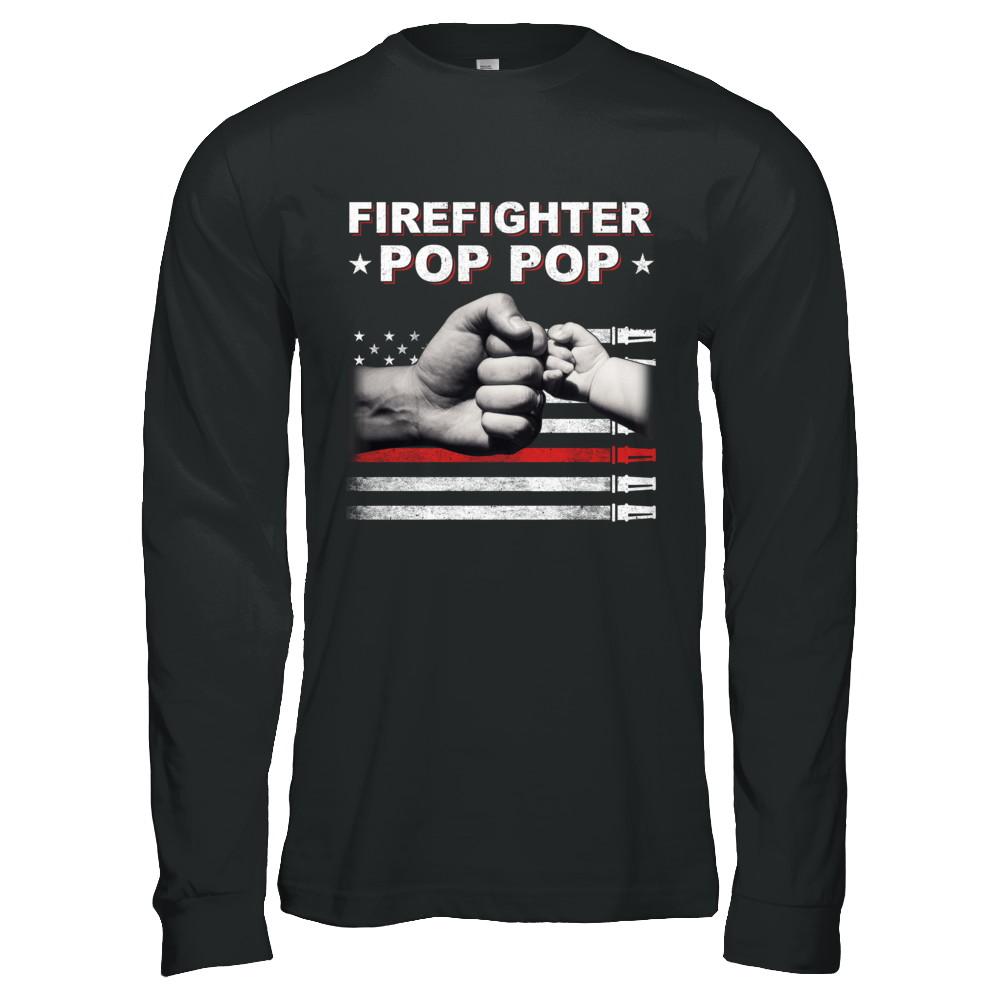 Firefighter Fireman Pop Pop American Flag Fathers Day-T-Shirt & Hoodie-Long Sleeve T-Shirt-Black