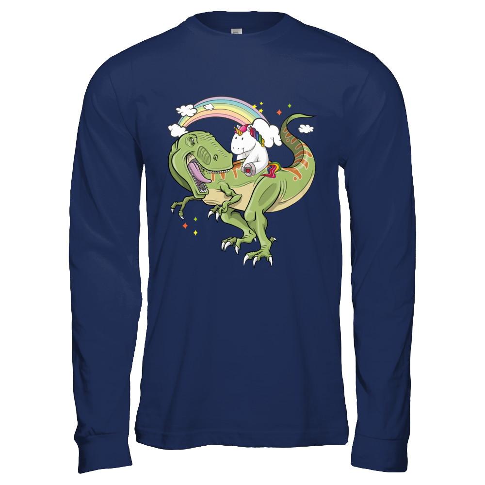 Unicorn Riding Dinosaur T Rex Unicorns Rainbow Gifts-T-Shirt & Hoodie-Long Sleeve T-Shirt-Navy