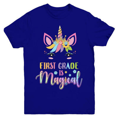 First Grade Is Magical Unicorn Back To School 1st Grade Youth-Youth Shirt-Youth T-Shirt-Navy