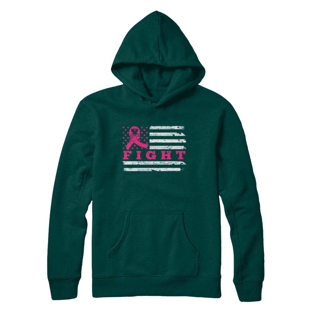 Fight Pink Ribbon US Flag Breast Cancer Awareness-T-Shirt & Hoodie-Pullover Hoodie-Deep Forest
