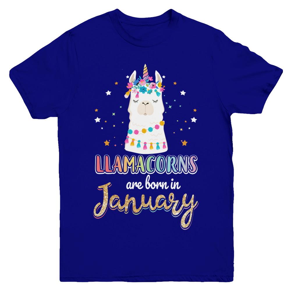 Llama Unicorn Llamacorns Born In January Birthday Gift Youth-Youth Shirt-Youth T-Shirt-Navy