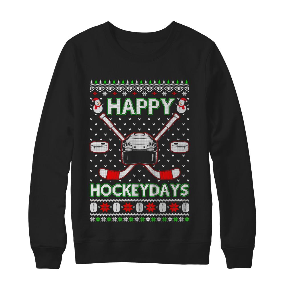 Happy Hockeydays Hockey Ugly Christmas Sweater-T-Shirt & Sweatshirt-Crewneck Sweatshirt-Black