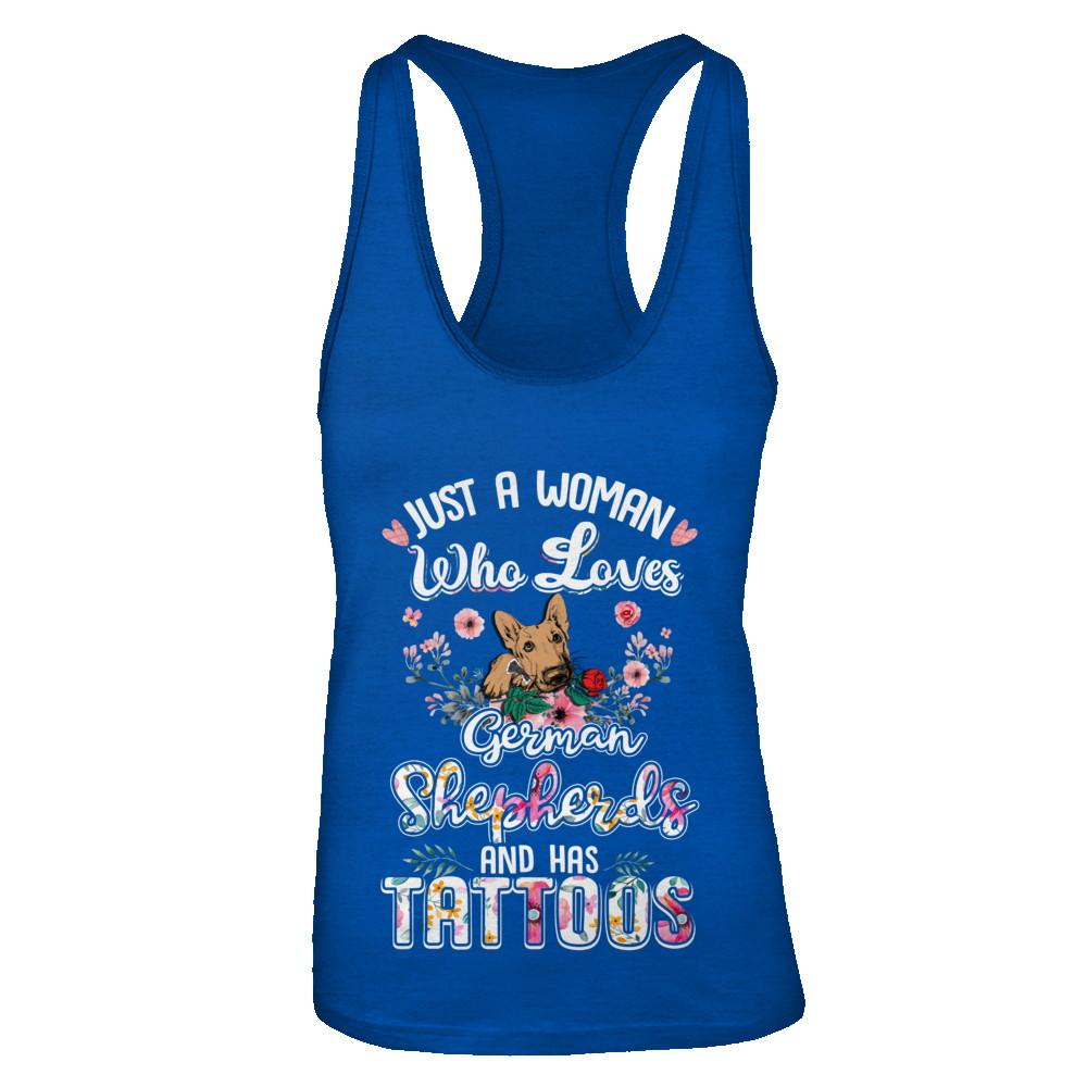 Just A Woman Who Loves German Shepherds And Has Tattoos-T-Shirt & Tank Top-Women's Ideal Racerback Tank-Royal