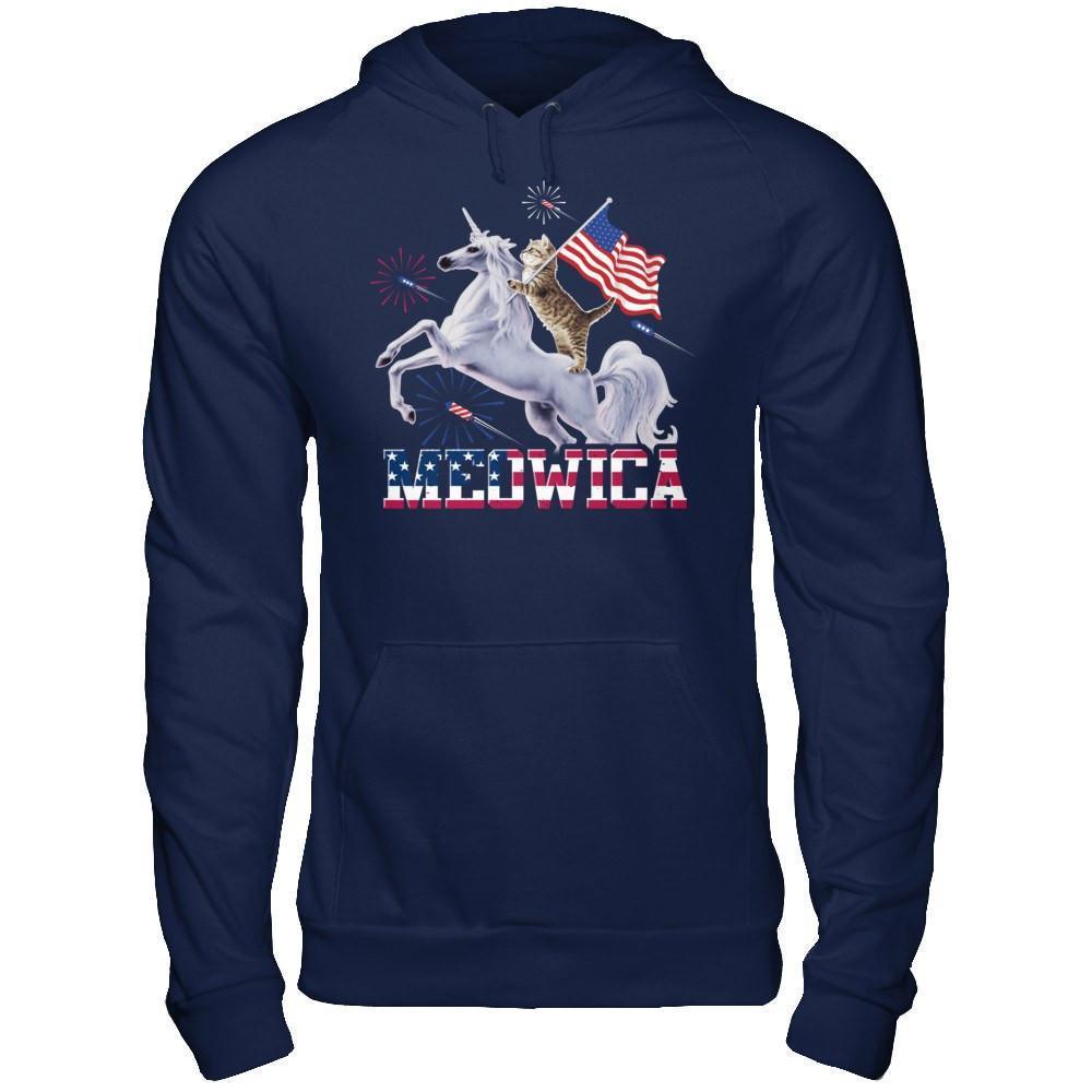 Meowica 4Th Of July Funny Cat On Unicorn Independence-T-Shirt & Hoodie-Pullover Hoodie-Navy