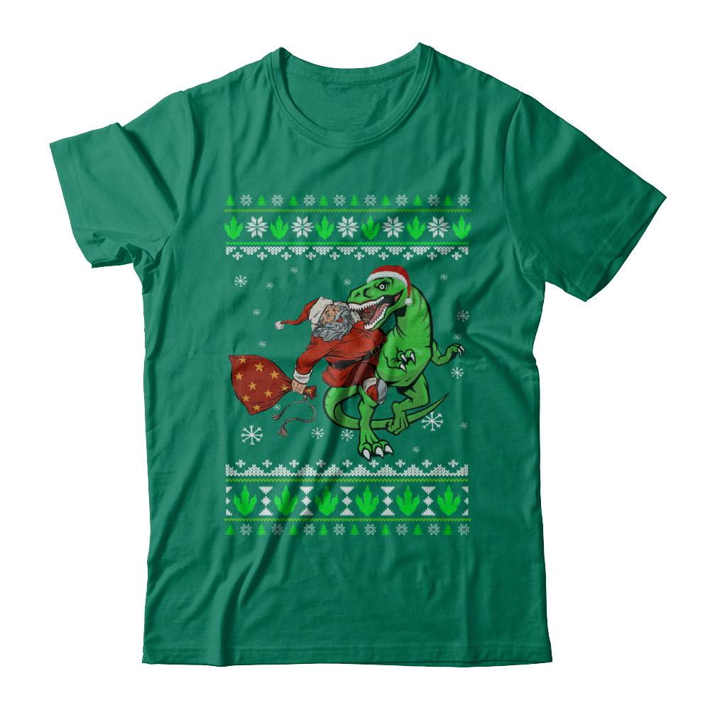 Santa Riding Dinosaur T-Rex Ugly Christmas Sweater-T-Shirt & Sweatshirt-Classic T-Shirt-Kelly Green