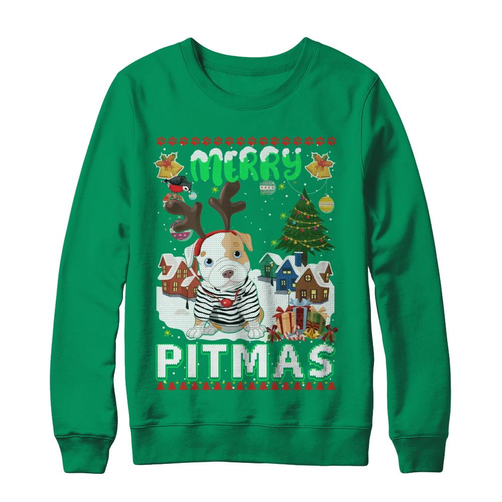 Cute Pitbull Christmas Merry Pigmas Ugly Sweater Christmas-T-Shirt & Sweatshirt-Crewneck Sweatshirt-Irish Green