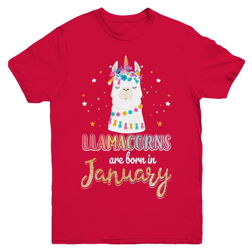 Llama Unicorn Llamacorns Born In January Birthday Gift Youth-Youth Shirt-Youth T-Shirt-Red