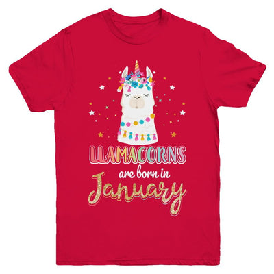 Llama Unicorn Llamacorns Born In January Birthday Gift Youth-Youth Shirt-Youth T-Shirt-Red