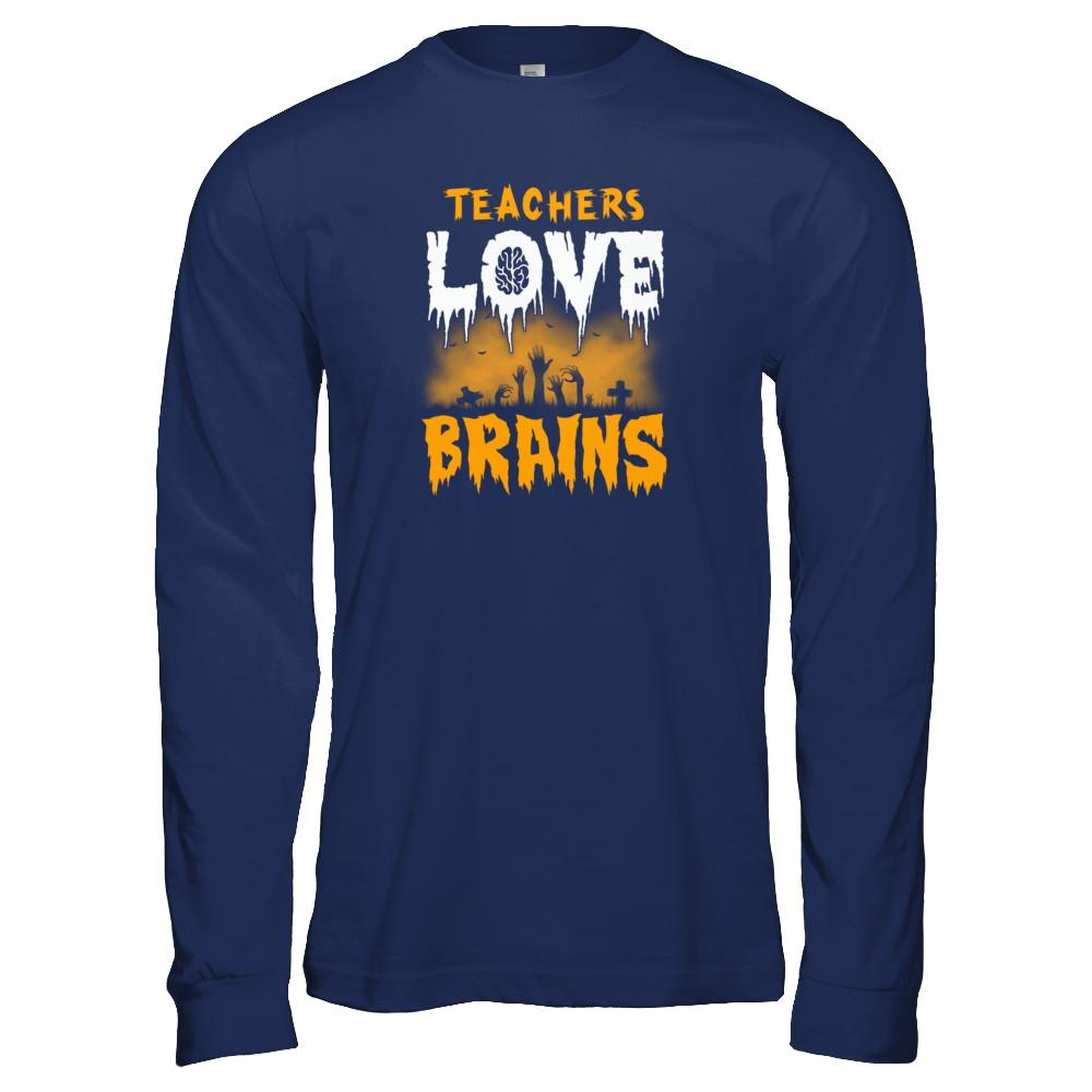 Teachers Love Brains Halloween-T-Shirt & Tank Top-Long Sleeve T-Shirt-Navy