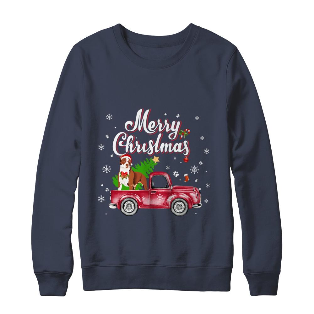 Pitbull Retriever Rides Red Truck Christmas Pajama-T-Shirt & Sweatshirt-Crewneck Sweatshirt-Navy