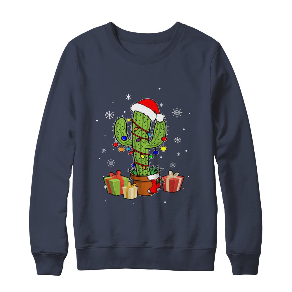 Merry Christmas Succulent Plants Christmas Cactus-T-Shirt & Sweatshirt-Crewneck Sweatshirt-Navy