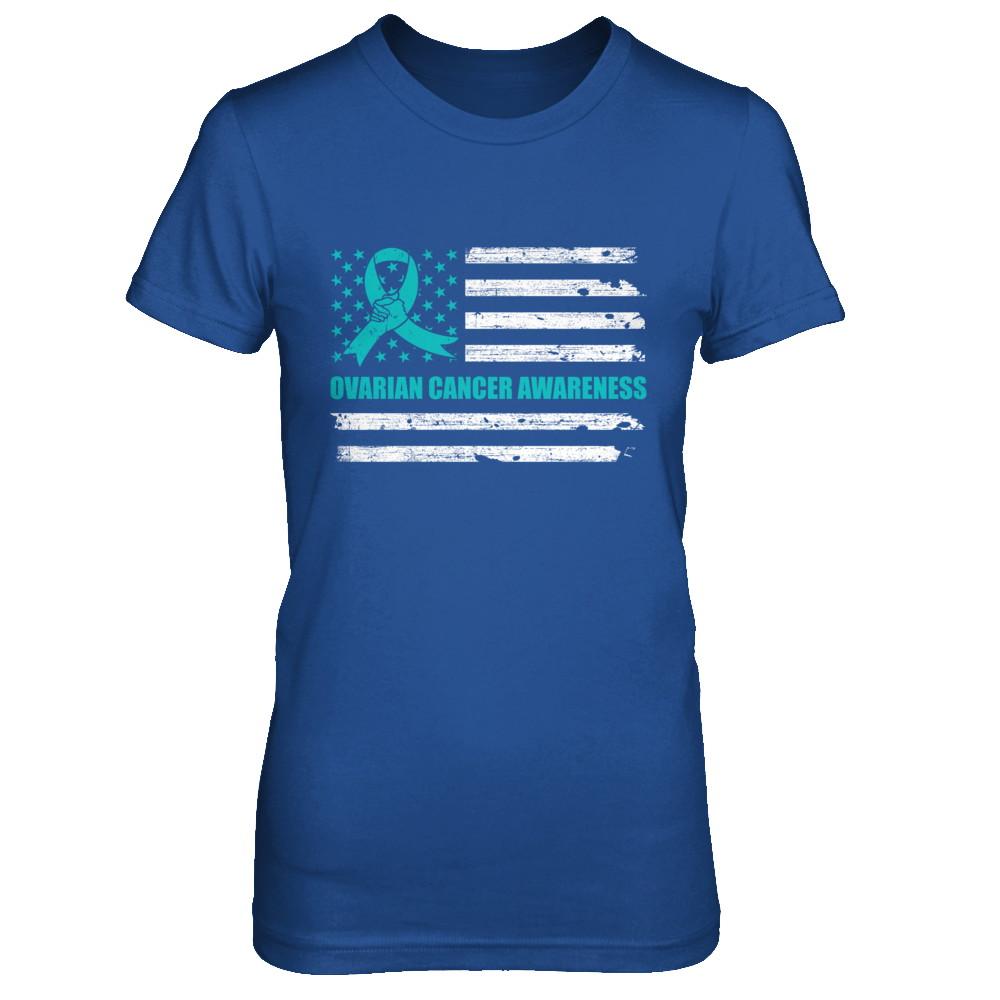Teal Ribbon Ovarian Cancer Awareness US Flag-T-Shirt & Hoodie-Women's T-Shirt-Royal