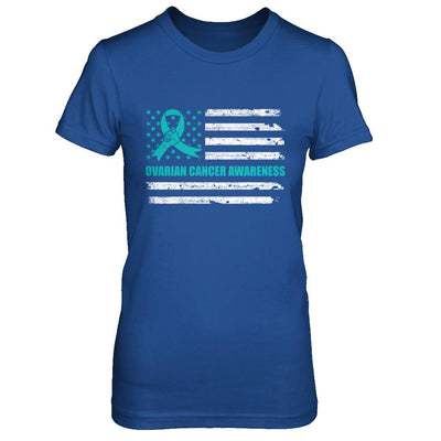 Teal Ribbon Ovarian Cancer Awareness US Flag-T-Shirt & Hoodie-Women's T-Shirt-Royal