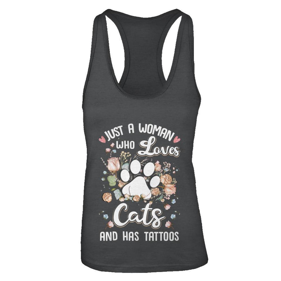 Just A Woman Who Loves Cats And Have Tattoos-T-Shirt & Tank Top-Women's Ideal Racerback Tank-Black