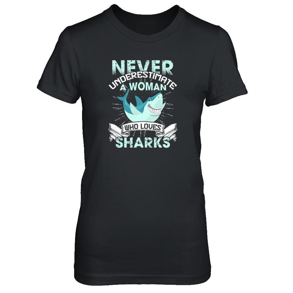 Never Underestimate A Woman Who Loves Shark-T-Shirt & Tank Top-Women's T-Shirt-Black