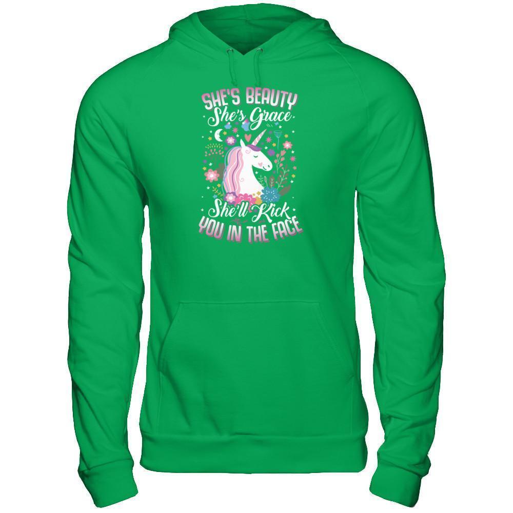 She's Beauty She's Grace She'll Kick You In The Face Unicorn Lover-T-Shirt & Tank Top-Pullover Hoodie-Irish Green
