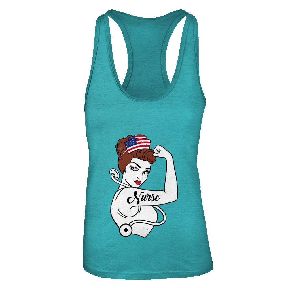 Nurse Vet Strong Woman American Flag Nursing 4Th Of July-T-Shirt & Tank Top-Women's Ideal Racerback Tank-Tahiti Blue
