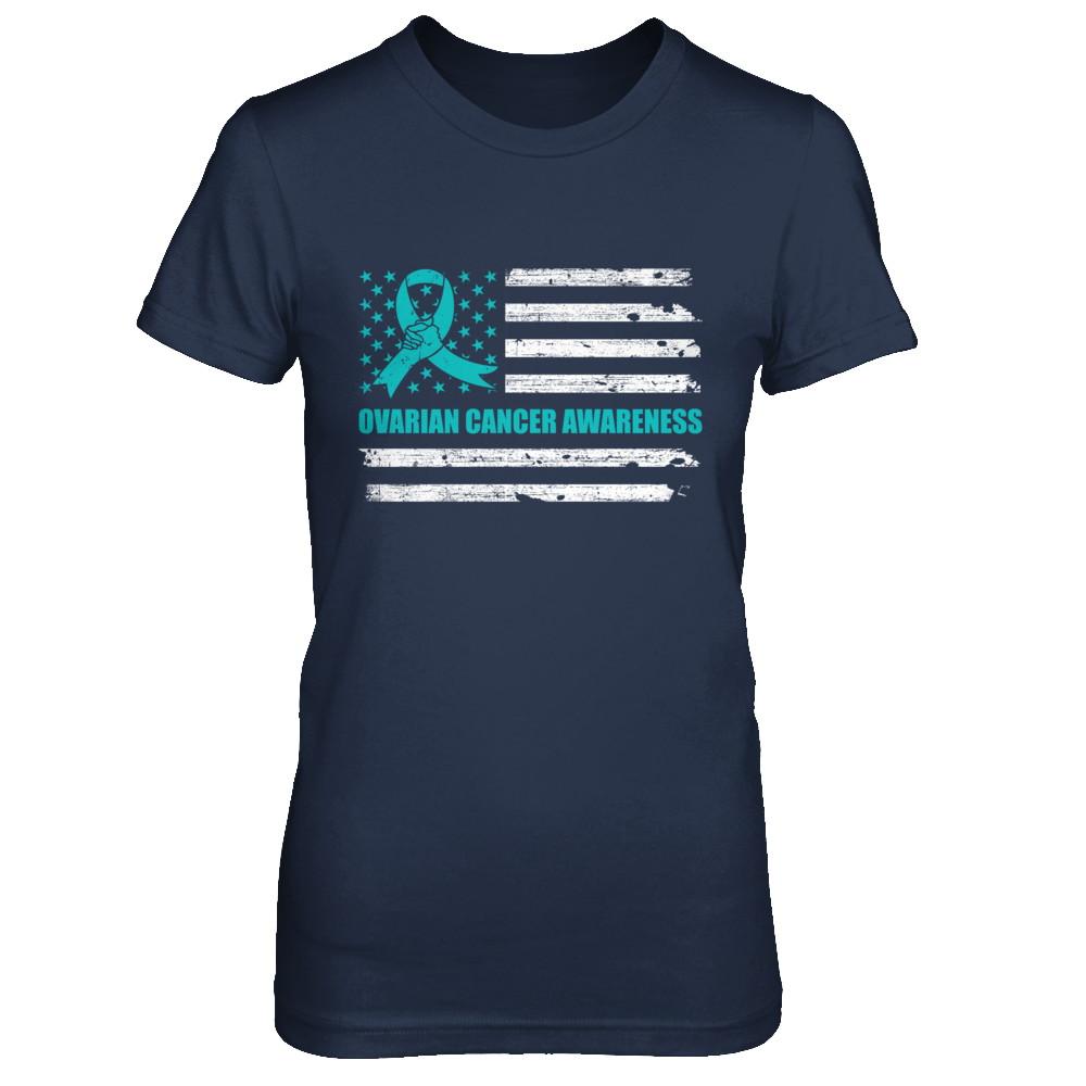Teal Ribbon Ovarian Cancer Awareness US Flag-T-Shirt & Hoodie-Women's T-Shirt-Navy