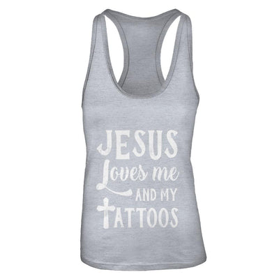 Jesus Just Love Me And My Tattoos Funny Christian-T-Shirt & Tank Top-Women's Ideal Racerback Tank-Heather Grey
