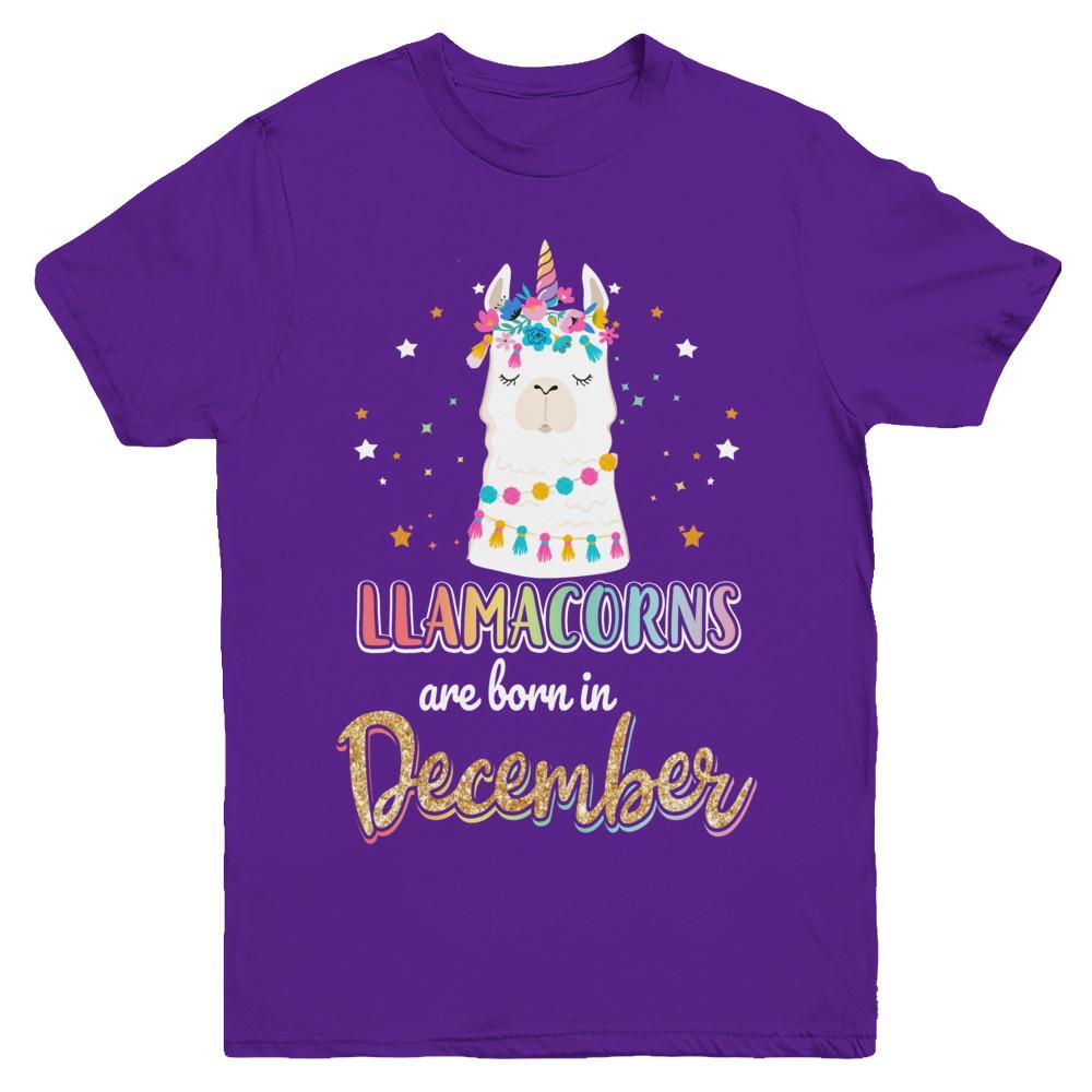 Llama Unicorn Llamacorns Born In December Birthday Gift Youth-Youth Shirt-Youth T-Shirt-Purple