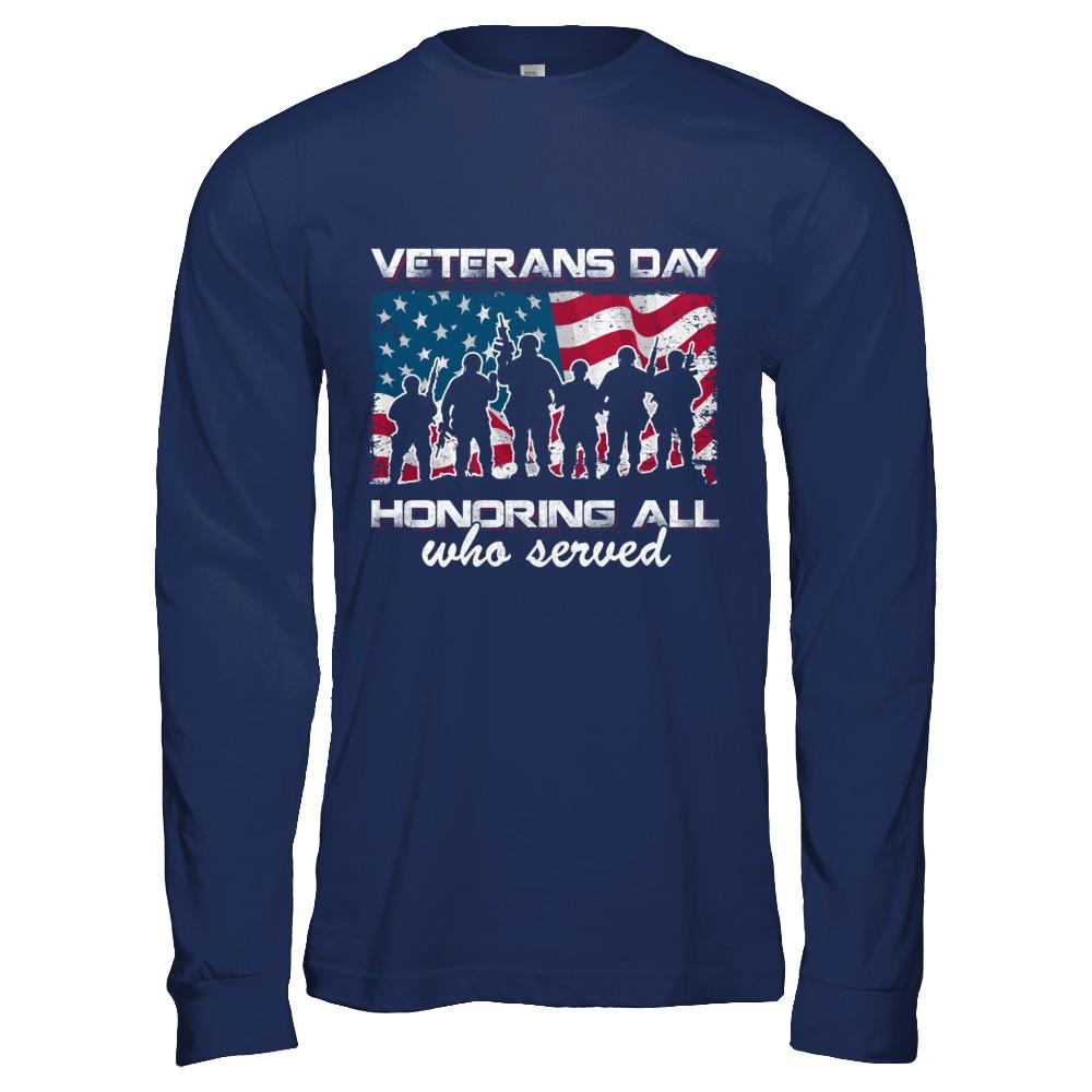 Vintage Patriotic Army Veterans Day Honoring All Who Reverd-T-Shirt & Hoodie-Long Sleeve T-Shirt-Navy