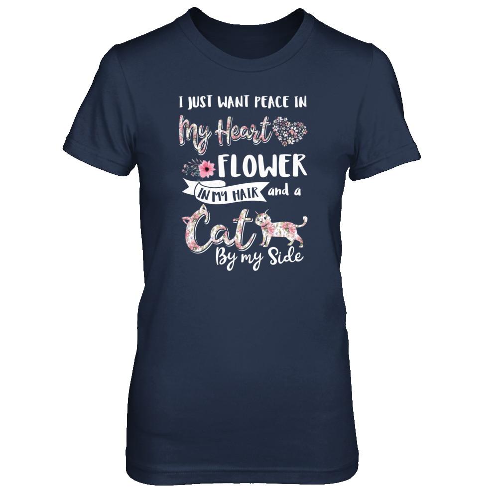 I Just Want Peace In My Heart A Cat By My Side Funny Cat-T-Shirt & Tank Top-Women's T-Shirt-Navy