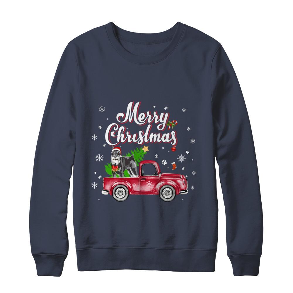 Schnauzer Retriever Rides Red Truck Christmas Pajama-T-Shirt & Sweatshirt-Crewneck Sweatshirt-Navy