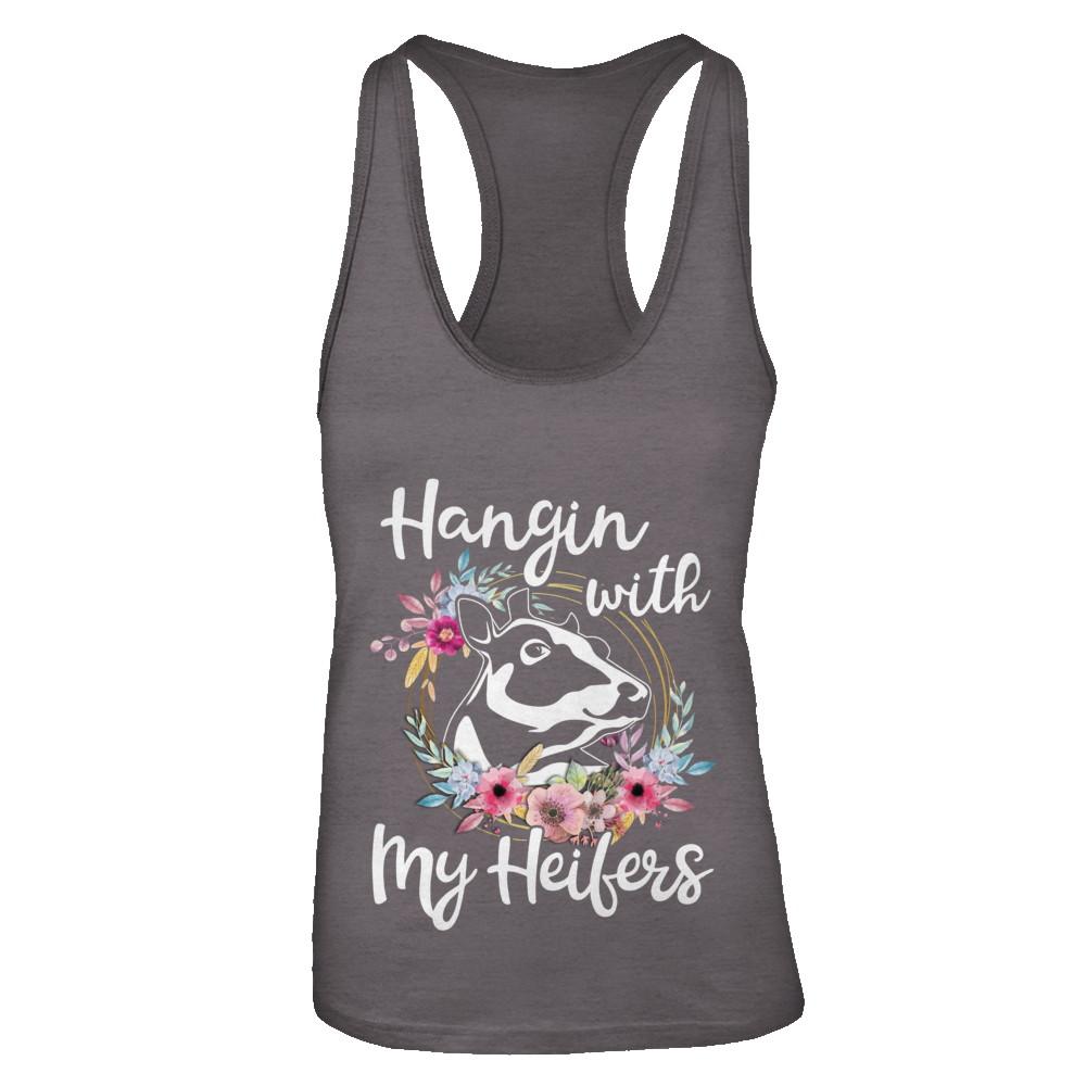 Hanging With My Heifers Flower Funny Cow Farmer-T-Shirt & Tank Top-Women's Ideal Racerback Tank-Dark Grey
