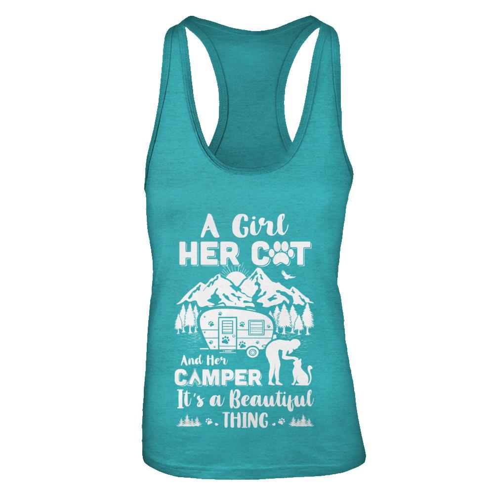 A Girl Her Cat And Her Camper It's A Beautiful Thing Camping-T-Shirt & Tank Top-Women's Ideal Racerback Tank-Tahiti Blue
