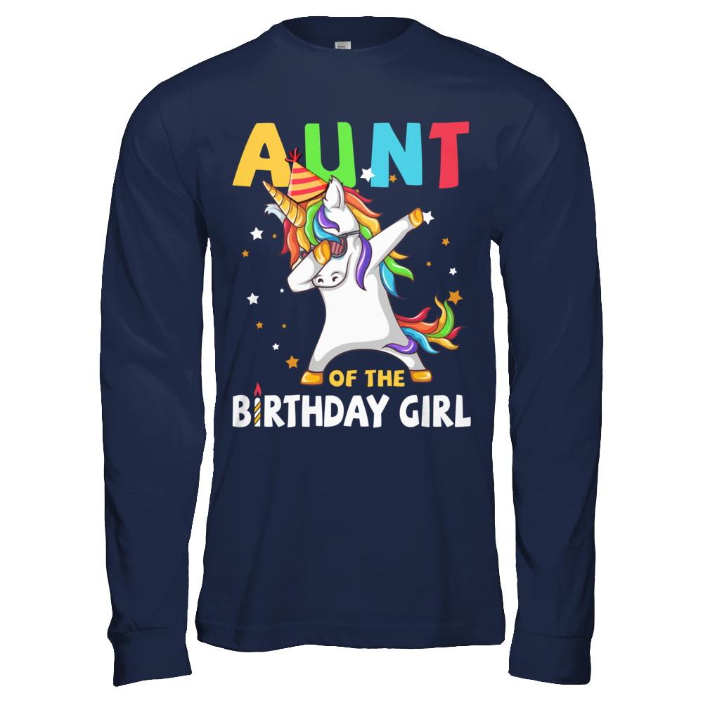 AUNT Of The Birthday Girl Dabbing Unicorn Party-T-Shirt & Hoodie-Long Sleeve T-Shirt-Navy