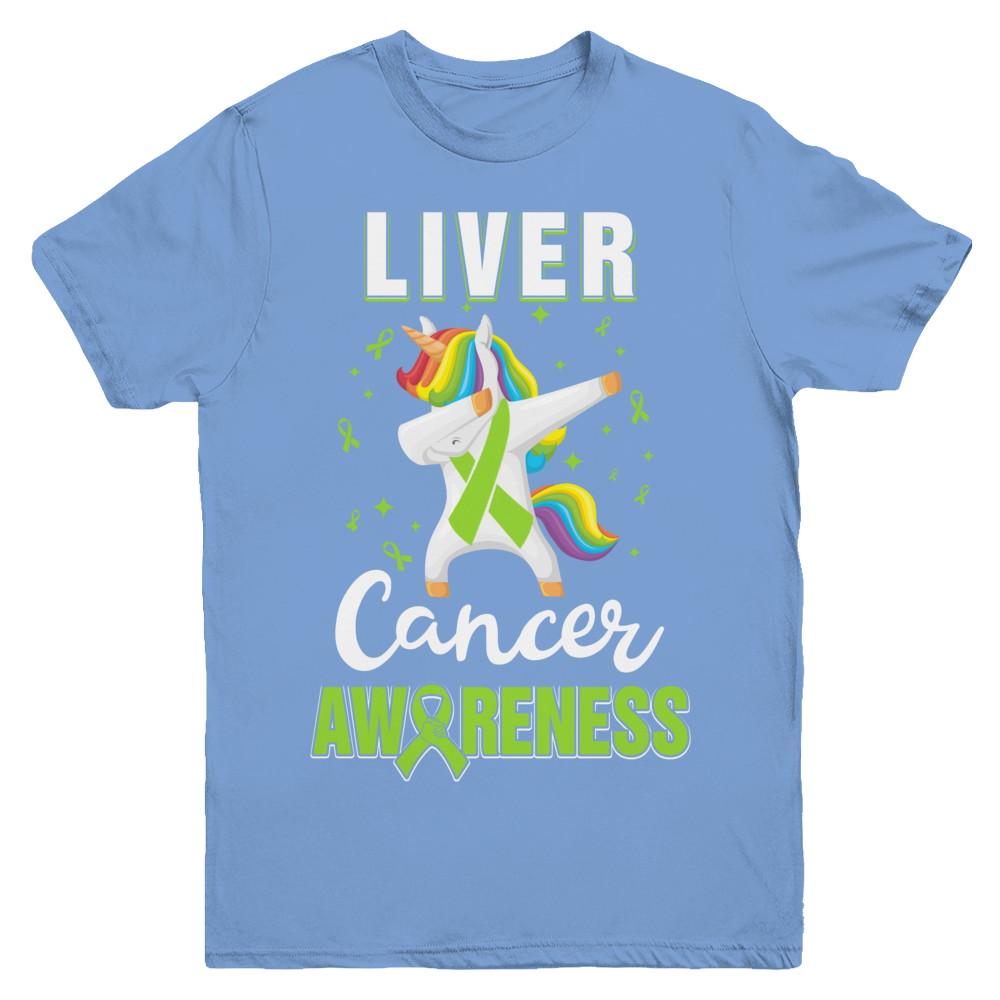 Inspirational Liver Cancer Awareness Unicorn Support Youth-Youth Shirt-Youth T-Shirt-Carolina Blue