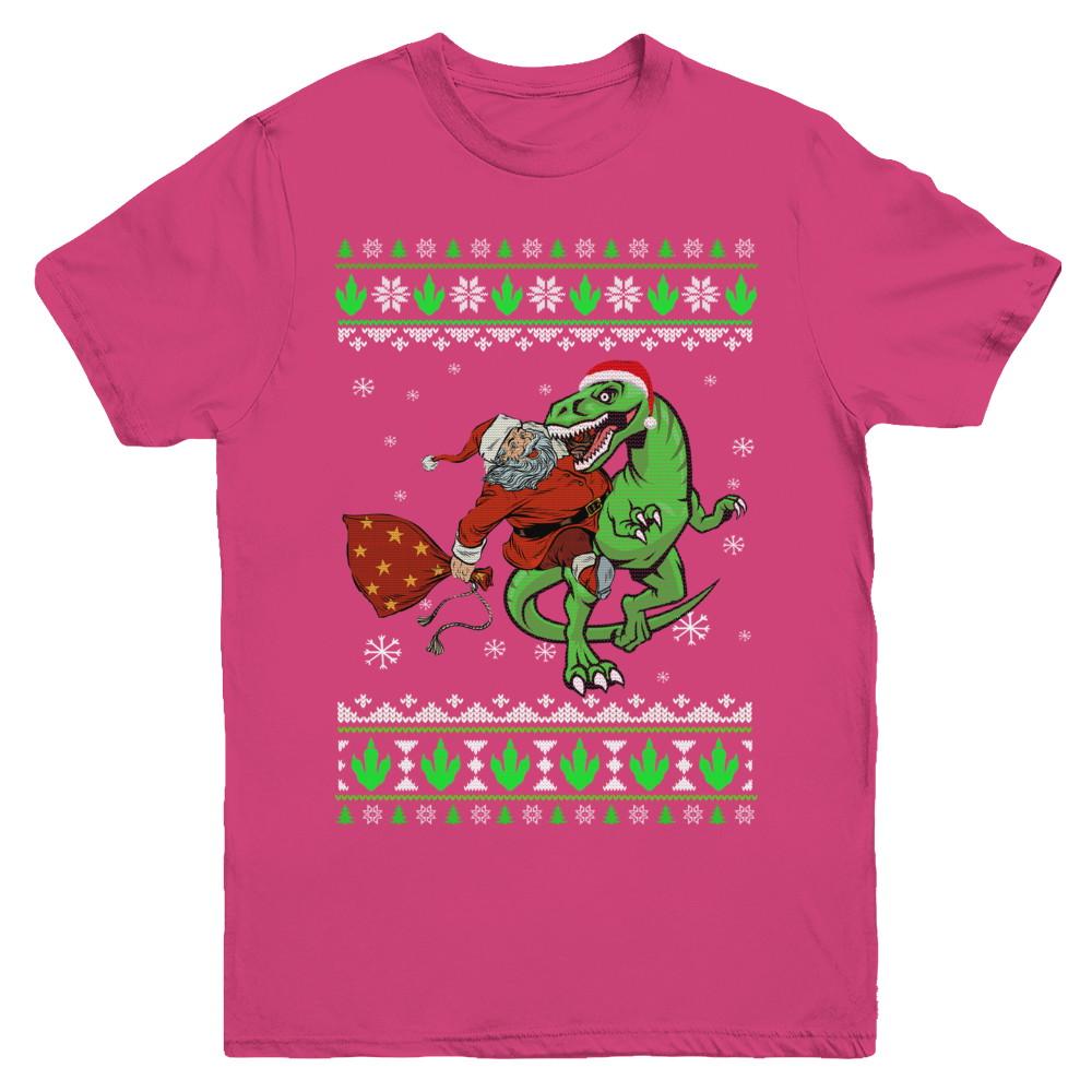 Santa Riding Dinosaur T-Rex Ugly Christmas Sweater Youth-Youth Shirt-Youth T-Shirt-Heliconia