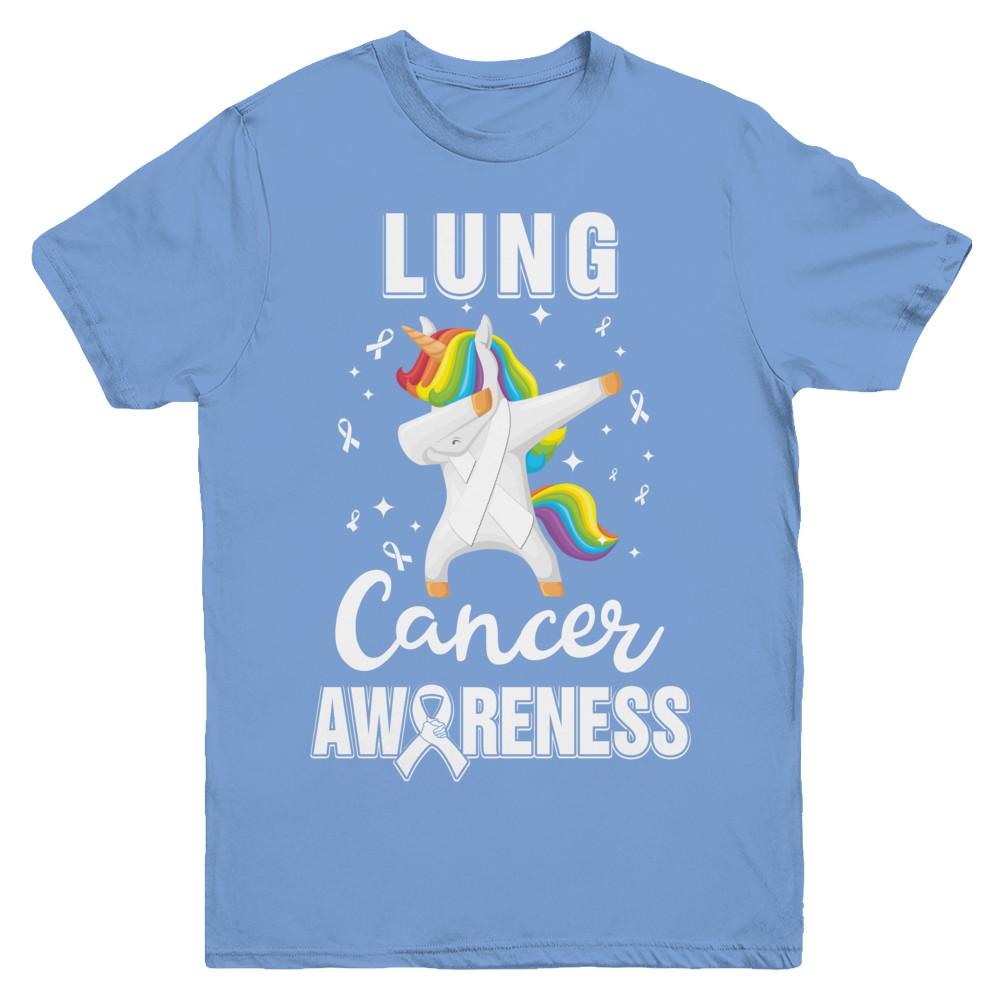 Inspirational Lung Cancer Awareness Unicorn Support Youth-Youth Shirt-Youth T-Shirt-Carolina Blue