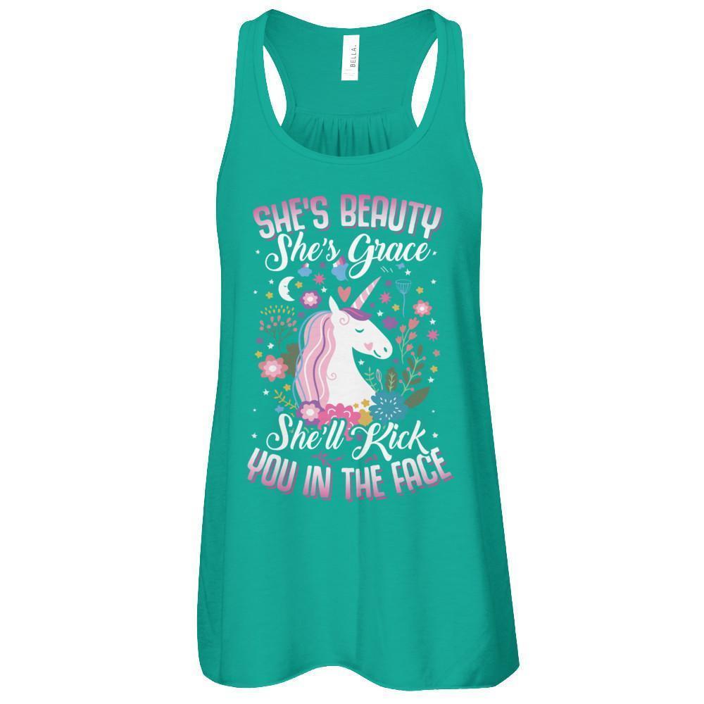 She's Beauty She's Grace She'll Kick You In The Face Unicorn Lover-T-Shirt & Tank Top-Women's Flowy Racerback Tank-Kelly