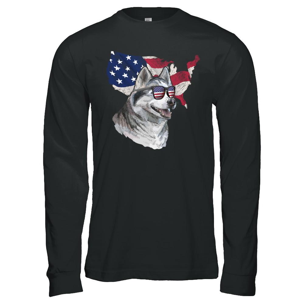 Funny Patriot Husky Dog 4Th Of July American Flag-T-Shirt & Hoodie-Long Sleeve T-Shirt-Black