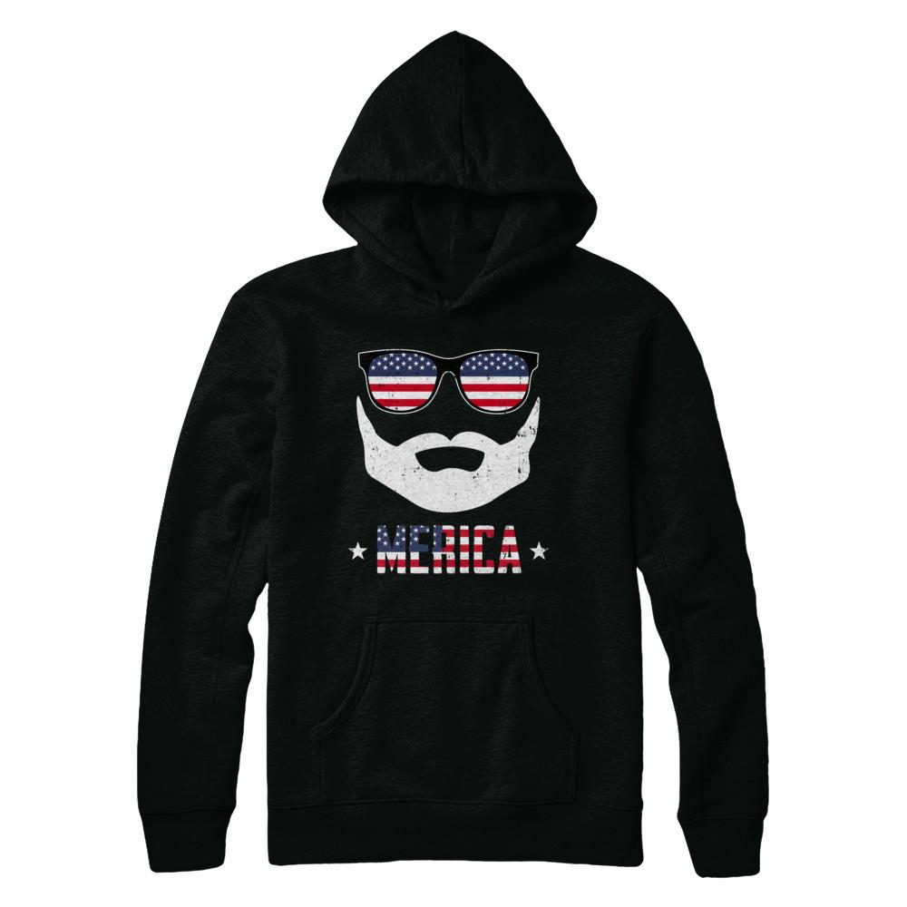 4th of July MERICA America Flag Mustache Dad Bearded-T-Shirt & Hoodie-Pullover Hoodie-Black
