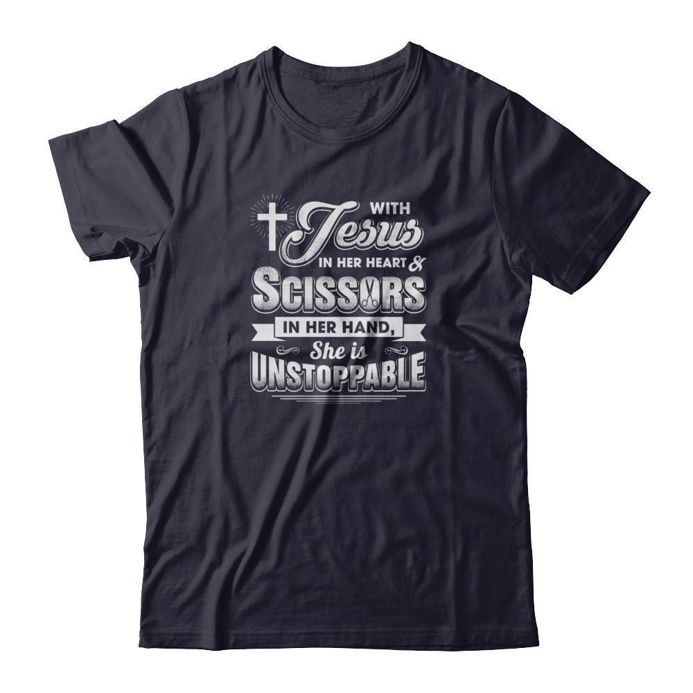 With Jesus In Her Heart And Scissors For Hairdresser-T-Shirt & Tank Top-Premium T-Shirt-Midnight Navy