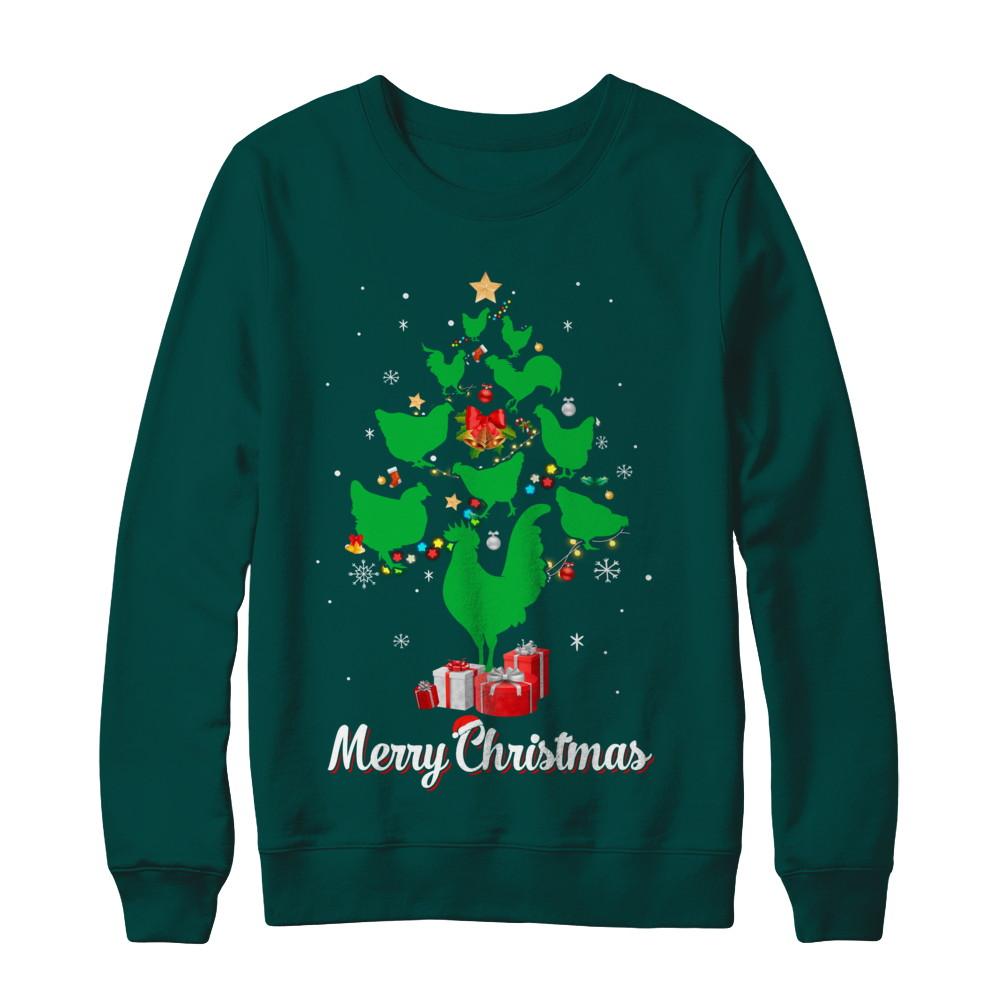 Funny Chicken Merry Christmas Tree Ugly Sweater-T-Shirt & Sweatshirt-Crewneck Sweatshirt-Deep Forest