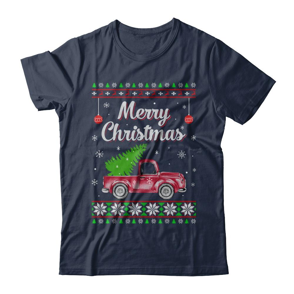 Snow Tree Truck Merry Christmas Ugly Sweater-T-Shirt & Sweatshirt-Classic T-Shirt-Navy
