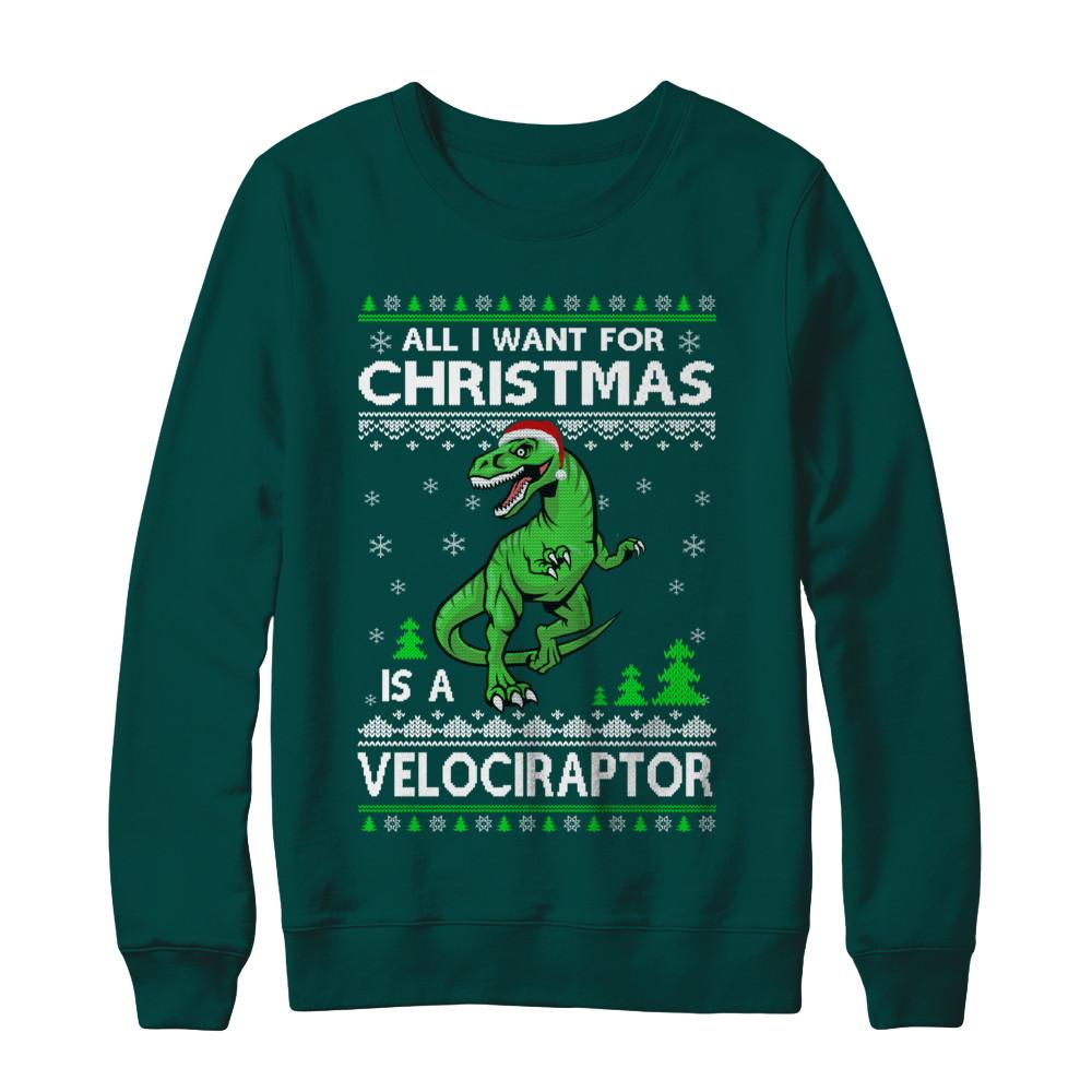 Funny Velociraptor Dinosaur Christmas Ugly Sweater-T-Shirt & Sweatshirt-Crewneck Sweatshirt-Deep Forest