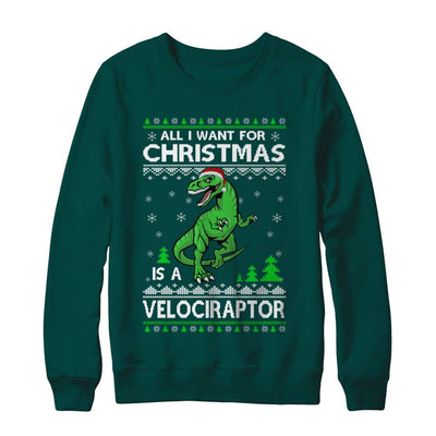 Funny Velociraptor Dinosaur Christmas Ugly Sweater-T-Shirt & Sweatshirt-Crewneck Sweatshirt-Deep Forest